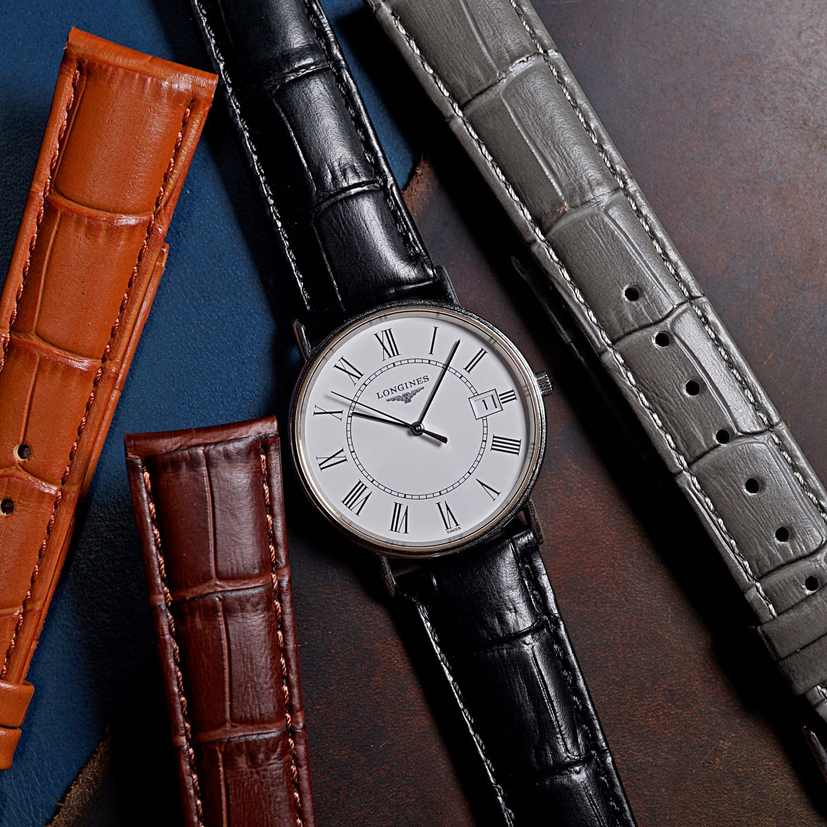 Genuine Croc Pattern Stitched Leather Watch Strap in Black