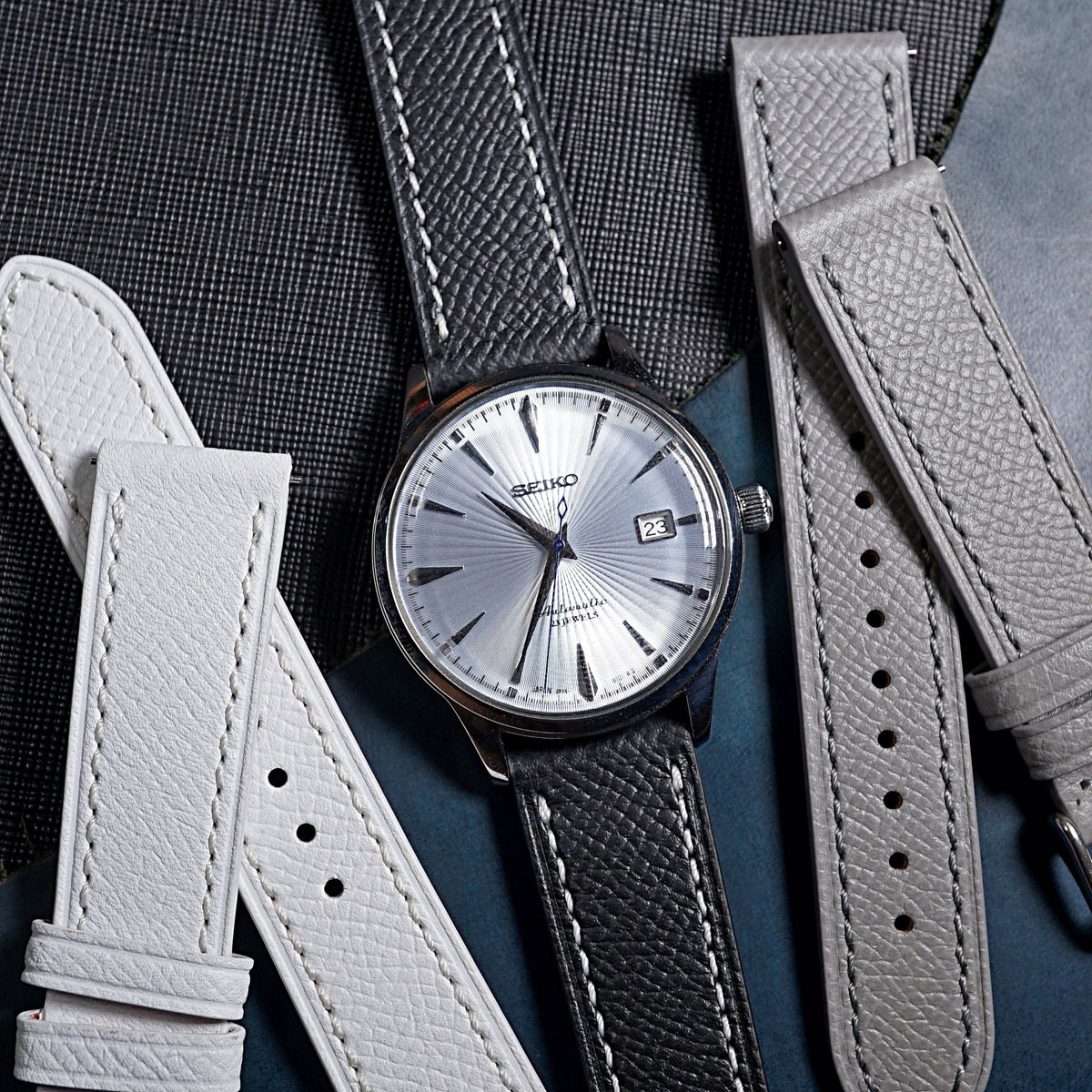 Dress Epsom Leather Strap in Black w/ White Stitching