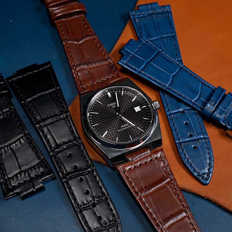 Genuine Croc Pattern Leather Watch Strap in Brown (Tissot PRX 40)