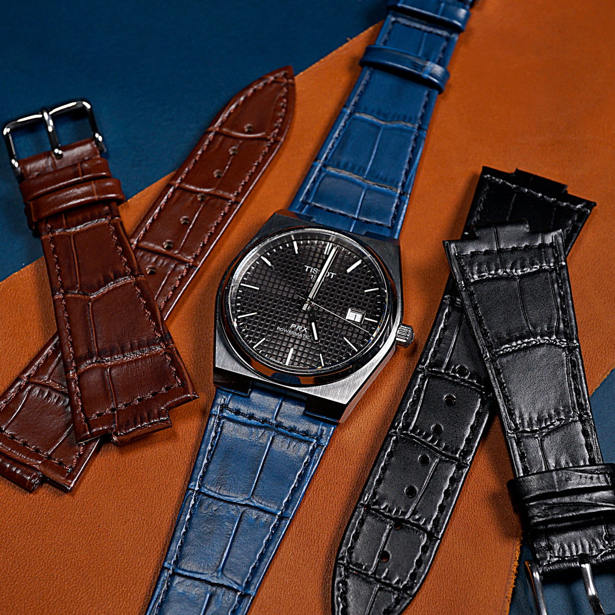 Genuine Croc Pattern Leather Watch Strap in Navy (Tissot PRX 40)