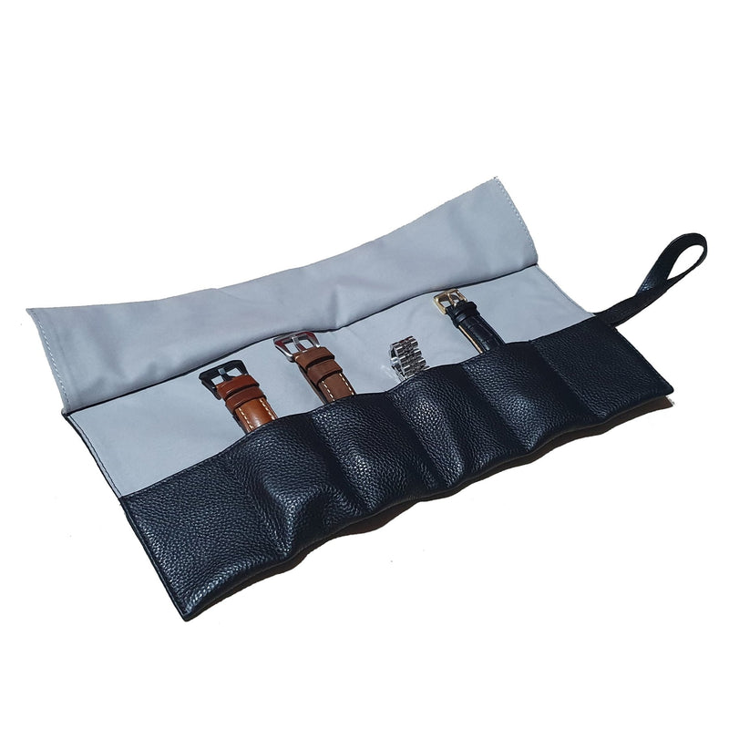 Leather Watch Roll in Black (6 Watch Slots)